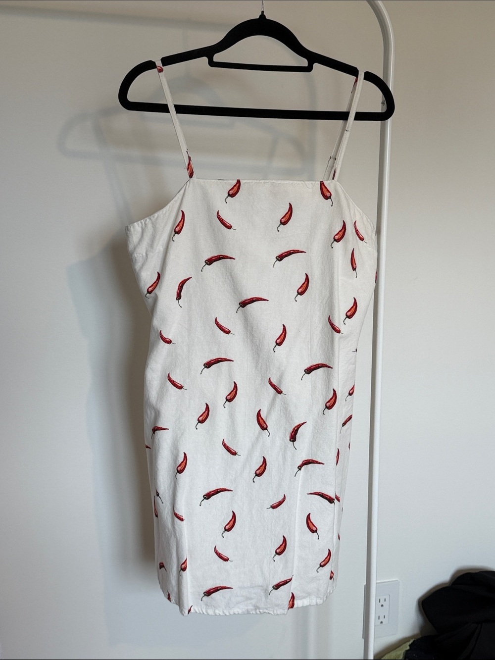 White Mini Dress with Red Chili Print — Spaghetti Strap